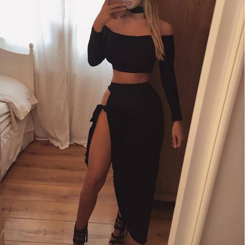 

Sexy Two Piece Set Women Dress Off Shoulder Crop Top Choker+Slit Long Skirt Suit Long Sleeve Shirt Black Party Club Dresses Hot, Yellow