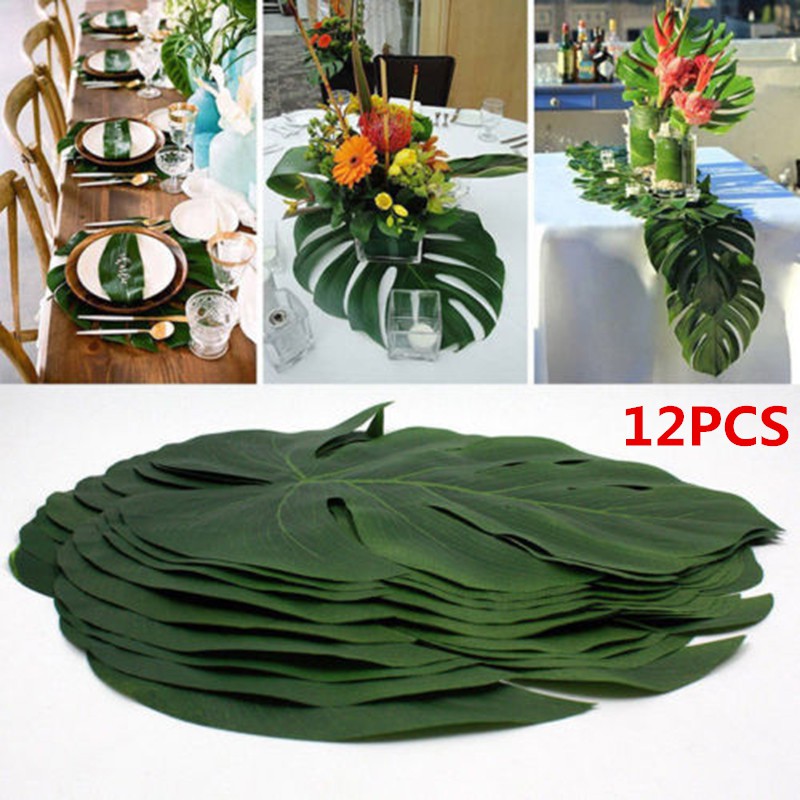 

12PCS Green Jungle Plants Artificial Leaf Tropical Palm Leaves Island Style Simulation Plant Wedding Party Table Home Decor, 6 inches