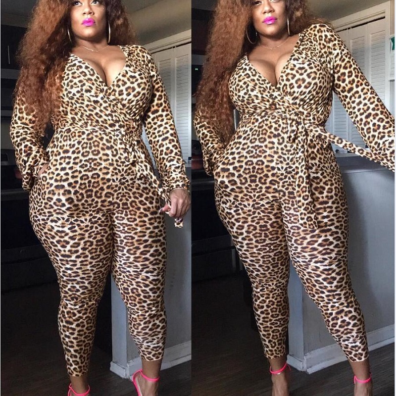 

Sexy leopard print women's plus size jumpsuits sexy deep v-neck lace-up catsuits beach style full length sports jumpsuits, Khaki