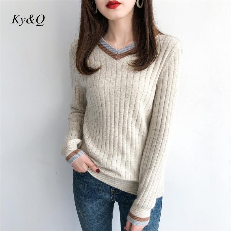 

High Quality Fashion Women V-neck Colorblock Vertical Stripe Pullover 2020 Winter Sweet Luxury Long Sleeve Knit Runway Sweater, Blue