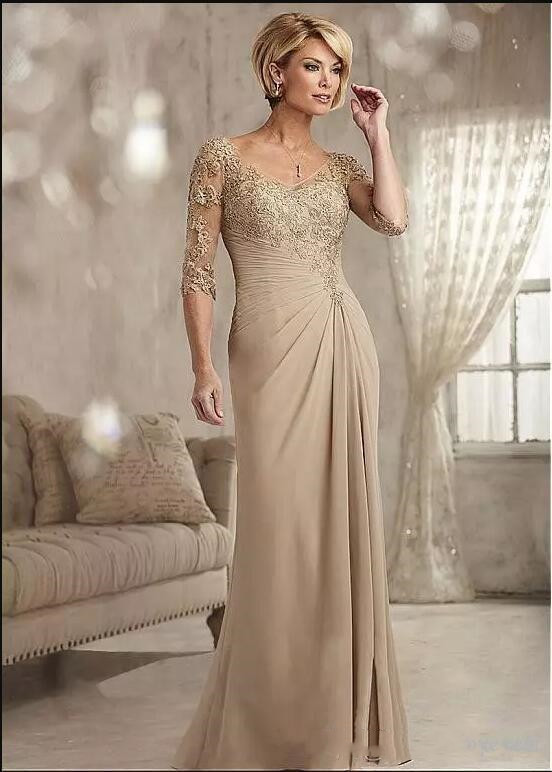 

Champagne Chiffon Mermaid Mother Of The Bride Dresses 2020 Scoop Neck Wedding Guest Dress Mother's Dresses Formal Prom Evening Gowns MDY19