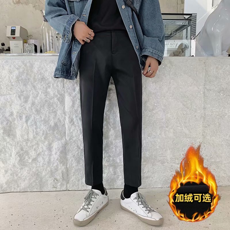 2020 Plus Velvet Black Pants Mens Slim Fashion Solid Color
