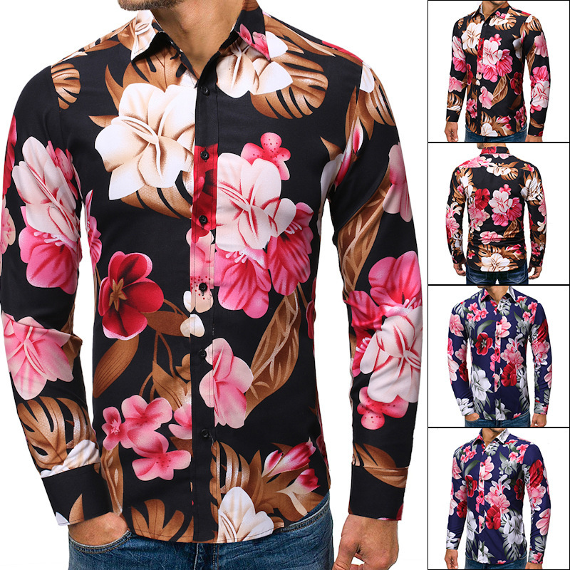 

2019 Men' Wear Printing Lapel Man Long Sleeve Shirt Loose Will Size Leisure Time Cs68, Black
