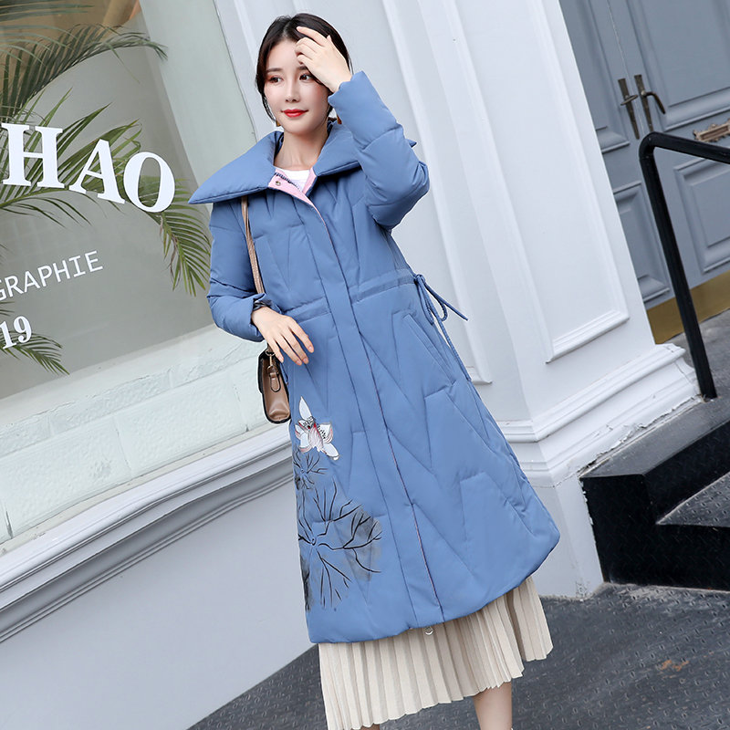 

Women Slim Down Long Jacket Winter Turtleneck Printing Down Cotton Coat Lace-UP Warm Parkas Snow Outwear, Beige