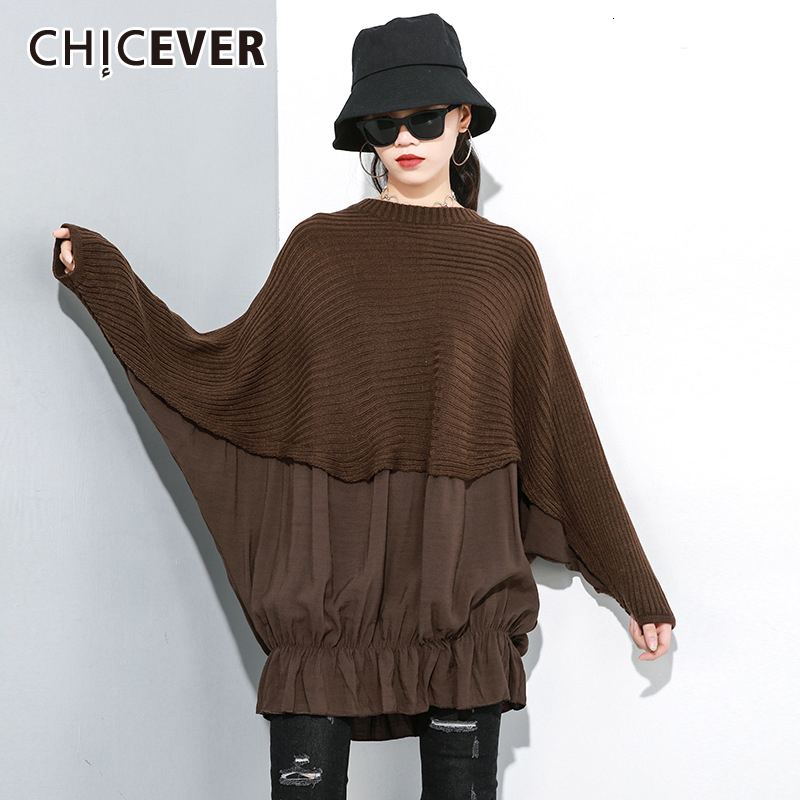 

CHICEVER Knitted Patchwork Mesh Dress Female O Neck Batwing Sleeve Loose Asymmetrical Tunic Mini Women' Dresses 2019 Autumn New, Coffee