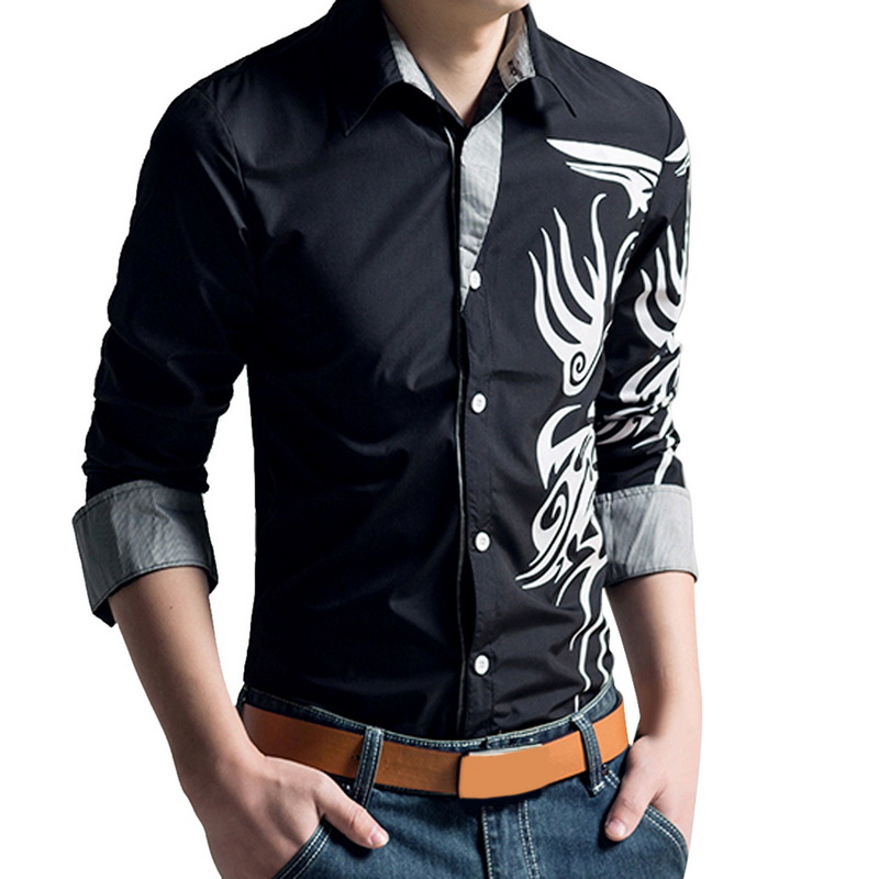 

Laamei Men's Long-Sleeved Dress Shirt Men Dragons Printed Business Social Casual Shirt Slim Fit Large Size 4XL Chemise Para Home, Black