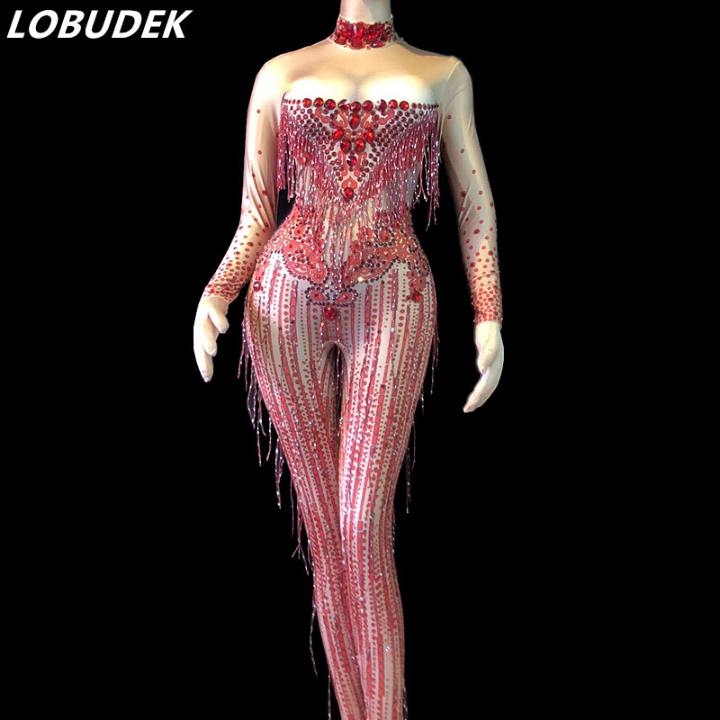 

Sparkly Rhinestones Red Tassels Jumpsuit Sexy Bling Crystals Stretch Bodysuit Women Nightclub DJ DS Costume Bar Party Rompers Stage Wear