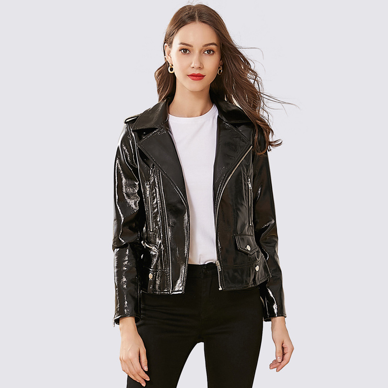 

2020 Glossy PU Leather jacket Women' Locomotive Fashion Leather Korean New sping shiny PU Jacket Top BT1210, Black