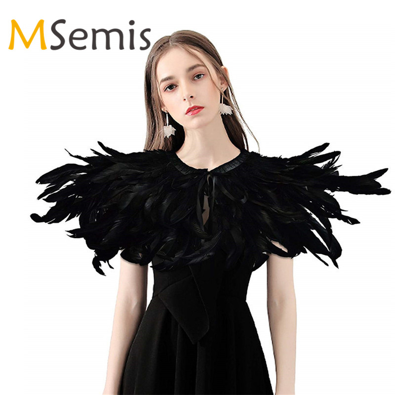 

2021 Fashion ties Iridescent Rooster Hackle Natural Feather Collar Cape Stole Shawl Shrug l with Ribbon Party