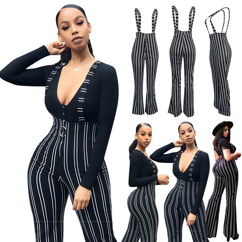 

Women Clubwear Trouser Playsuit Bodycon Party Jumpsuit Stripe Suspender Flared Pants, Black