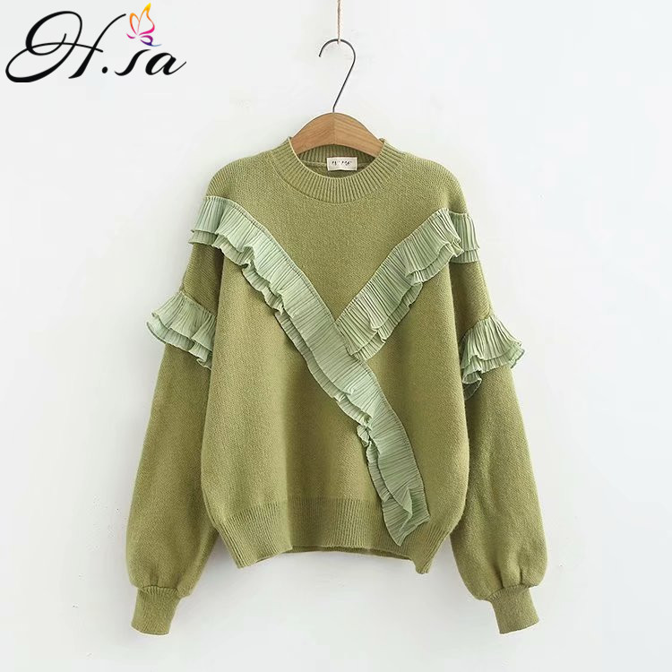 

H.SA 2019 Oneck Women Pullover and Sweater Jumpers Oneck Ruffles Patchwork Lace robe pull Korean Sweater Tops sueter feminino, Hf19254 green