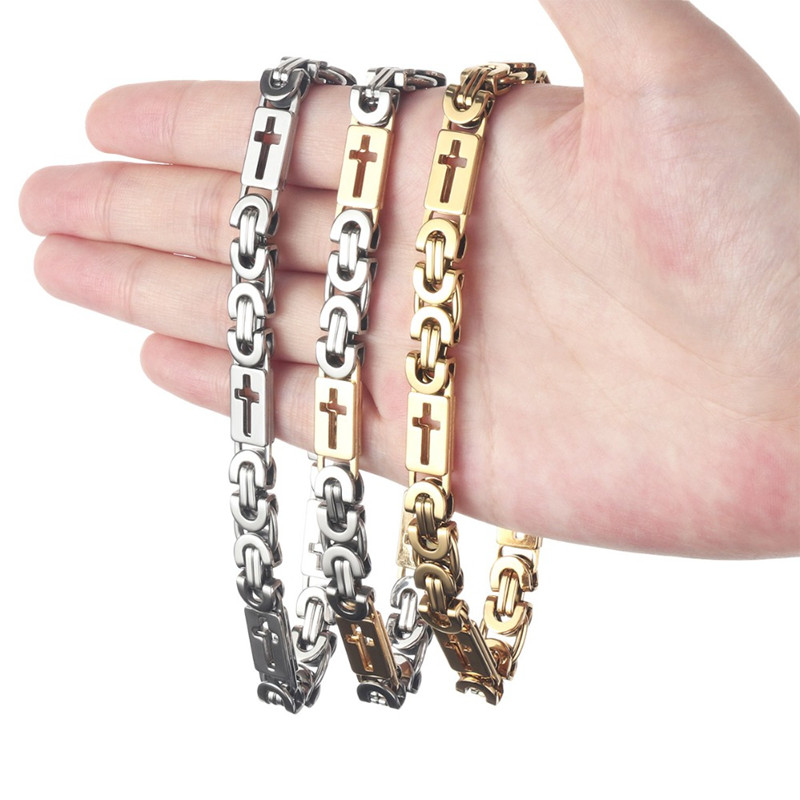 

Hot sale 8mm Hip Hop Wrist Chain Byzantine Link Chains Stainless Steel Bracelets for Men Cross Bracelet Boys Male Jewelry Accessories, Black