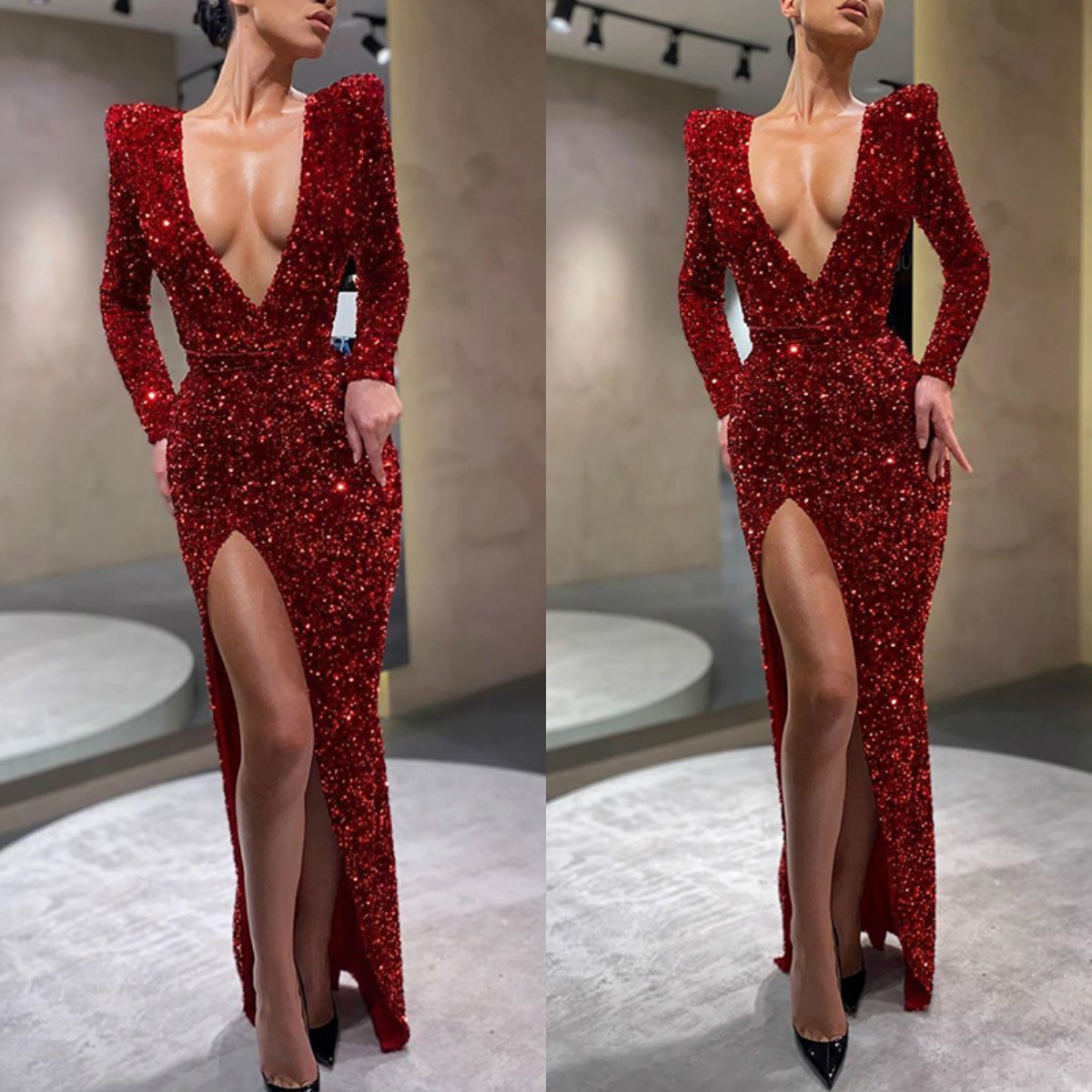 

Sexy High Slit Prom Dresses Sequins Beads V Neck Floor Length Long Sleeve Evening Dress Custom Made Formal Gowns Robes De Soirée, Chocolate