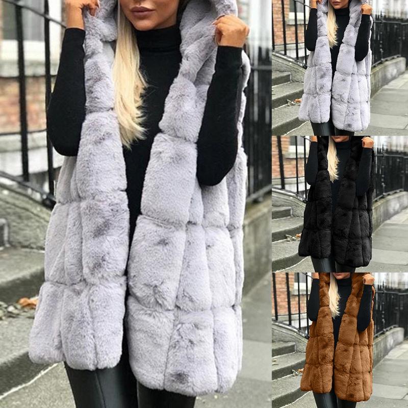 

Winter Hooded Waistcoat For Women Jacket Solid Sleeveless Hoodies Coat Vest Faux Fur Coat Women Outwear Warm Fur Veste Cardigans, Black
