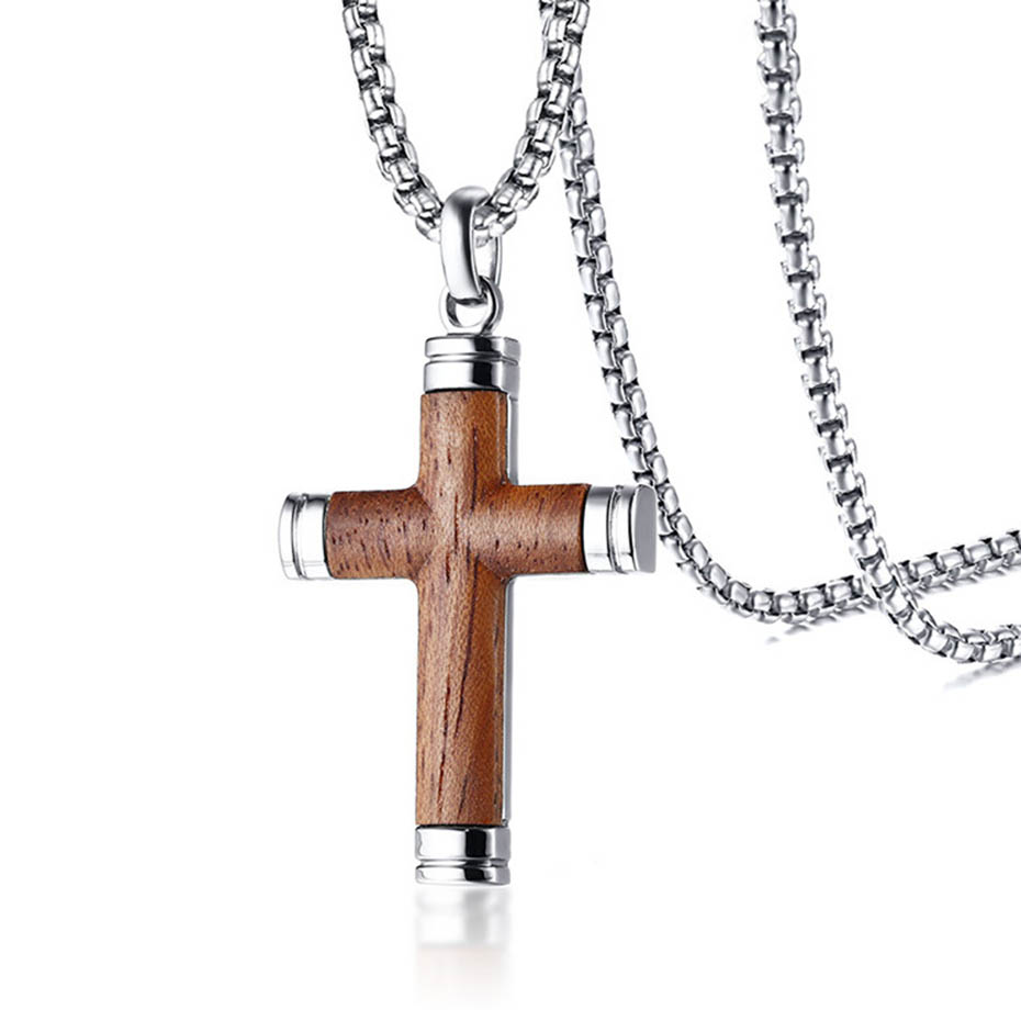 

Relodi Titanium Steel Pear Blossom Wood Cross Pendant Necklace Men Jewelry SP3034