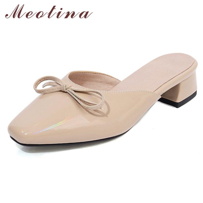 

Meotina Snake Print Women Pumps Bow Mid Heel Mules Shoes Square Toe Thick Heels Footwear Female Summer Apricot Black Size 33-46