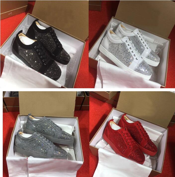 

Perfect Red Bottom Junior Spikes & Strass * Studs Sneakers Low Top Red Sole Mens,Women's Trainer Flat,Casual Walking Free Shipping, With box;dust bag;card