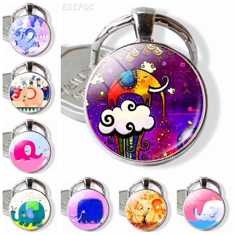 

Cartoon Elephant Keychain Cute Elephant Picture Glass Cabochon Metal Keyring Gift for Daughter Valentines Gift for Girlfriend