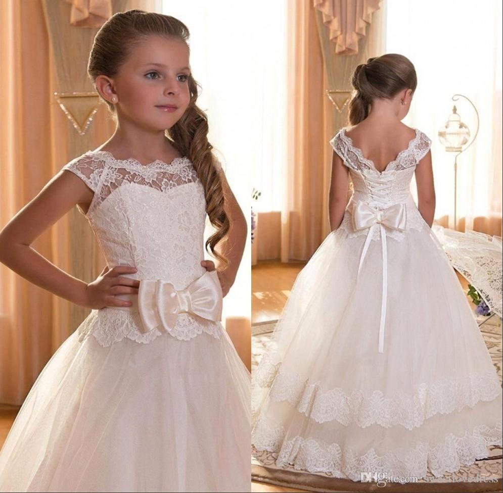 

2019 lace Flower Girls Dresses for Weddings Scoop Backless With Appliques Bow Tulle first Communion Dresses, White