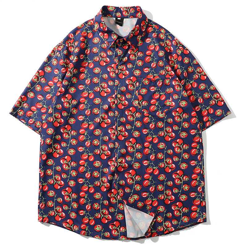 

Men's Top Shirt Short Sleeve Tropical Hawaiian Vacation Style Fruit Cherry Tomatoes Shirt Stylish Beach Mens Shirts, Dark blue
