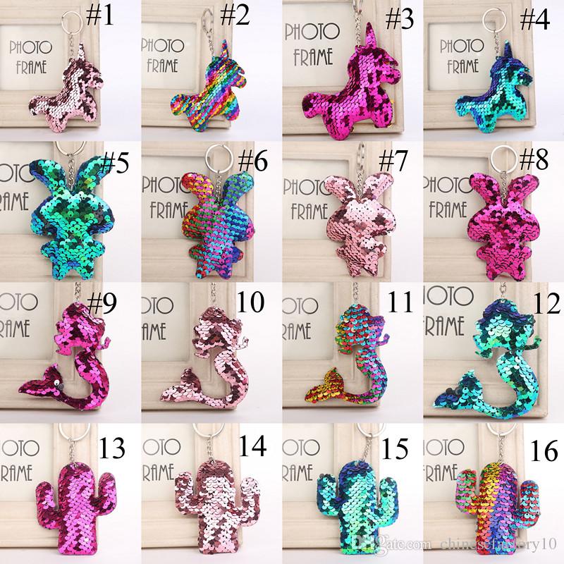 

102 Colors Mermaid Sequins Keychains Star Rabbit Unicorn Heart Keychain Glitter Key Ring Gifts for Baby Charms Car Bag Key Chain, As photo