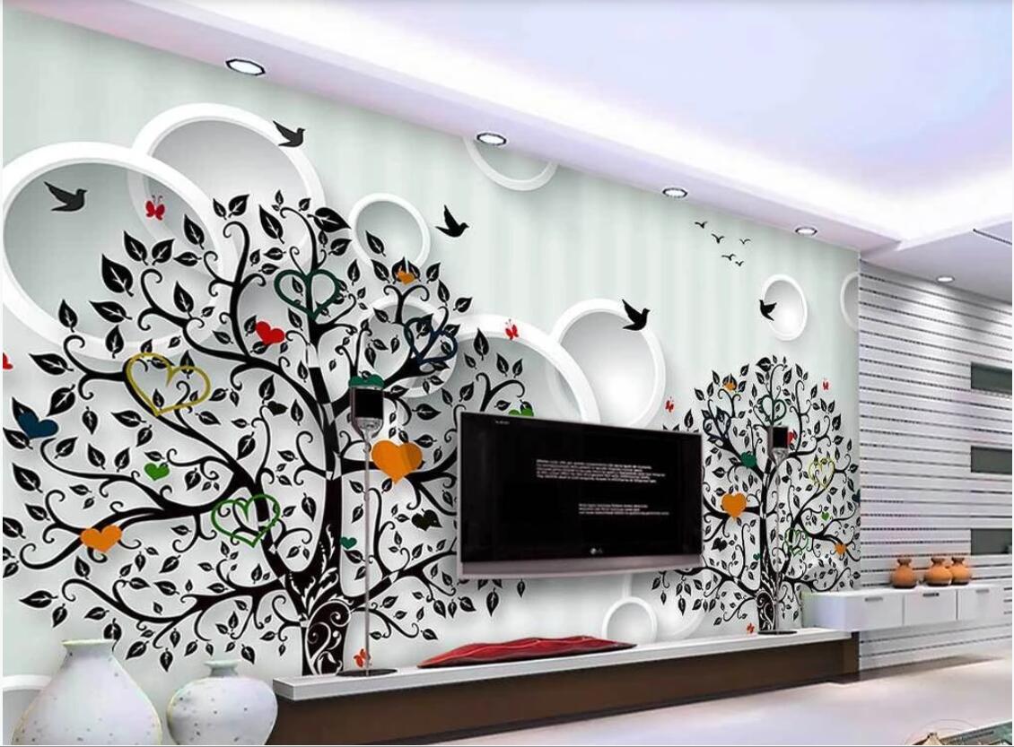 

3d room wallpaper on a wall custom photo mural Silhouette tree forest birds three-dimensional circle fashion simple wallpaper for walls 3 d, Non-woven fabric