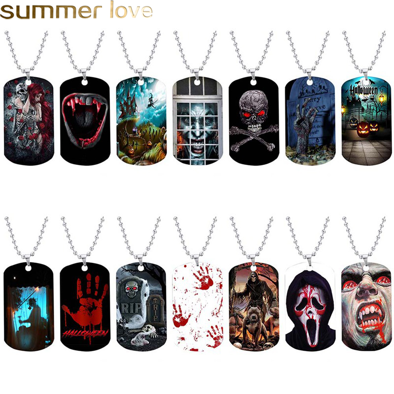 

Fashion Halloween Stainless Steel Necklace for Men Women Skull Vampire Dog Tag Pendant Necklace Halloween Party Jewelry Gifts 14 Styles