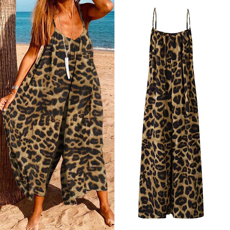 

Womens Jumpsuits 2020 VONDA Summer Sexy Sleeveless Vintage Leopard Printed Bohemian Overalls Plus Size Retro Playsuits Femme, Grey