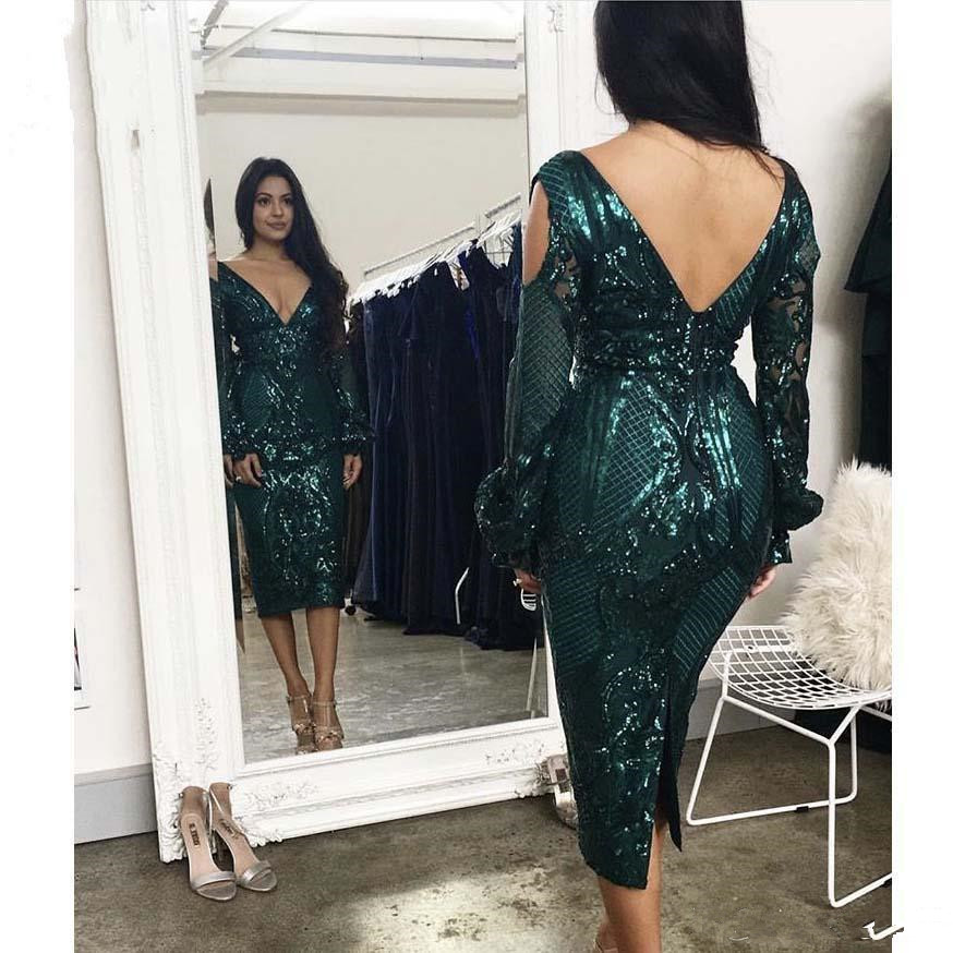 

Dark Green Long Sleeve Mermaid Prom Dresses Tea Length V Cut Backless Sequins Evening Gown Women Formal Wear Vestido, Hunter green