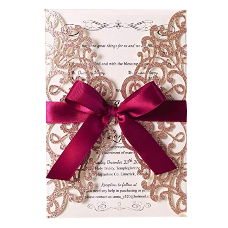 

(10 pieces/lot) Laser Cut Rose Gold Glittery Engagement Invitation Card Shiny Wedding Invitations With Burgundy Ribbon IC123R