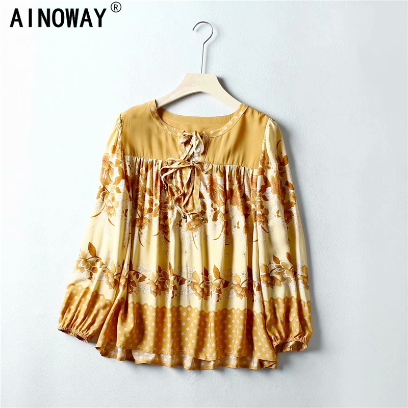 

Vintage chic women bird embroidery floral printed deep v-neck Boho blouse shirts Ladies long sleeve bohemian rayon shirts blusas, Yellow