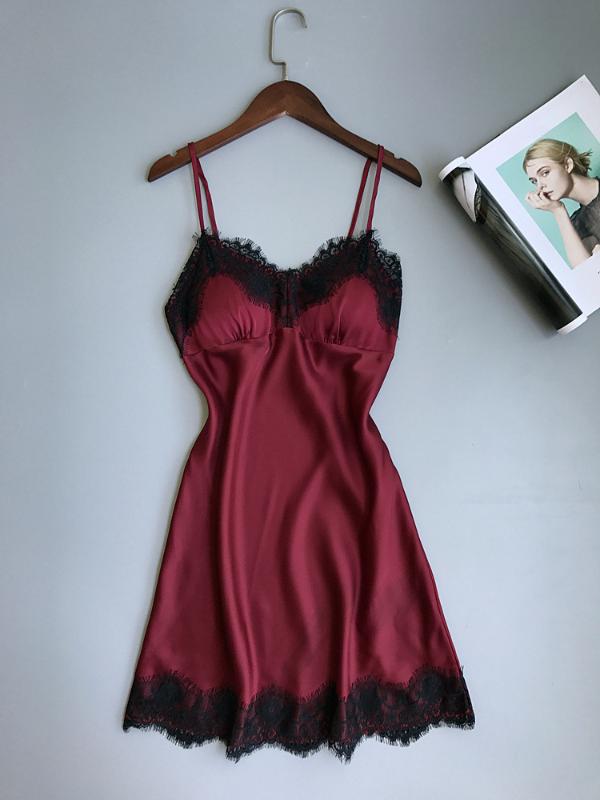 

Black Lace Sexy Woman Silky Shiny Slips with Pads Negligee Sleepwear Camisole Women Full Slips Nightgown Dress Lingerie