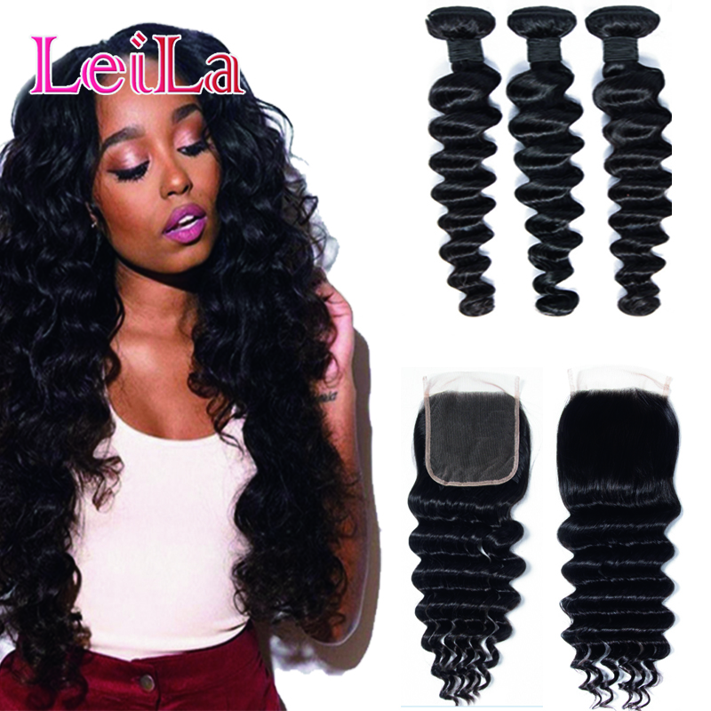 Leila Hair Loose Deep Wave 3 Wiązki Z Zamknięciem Human Włosy Brazylijski Splot Wiązki z zamknięciem 4 * 4 Remy Hair Extension