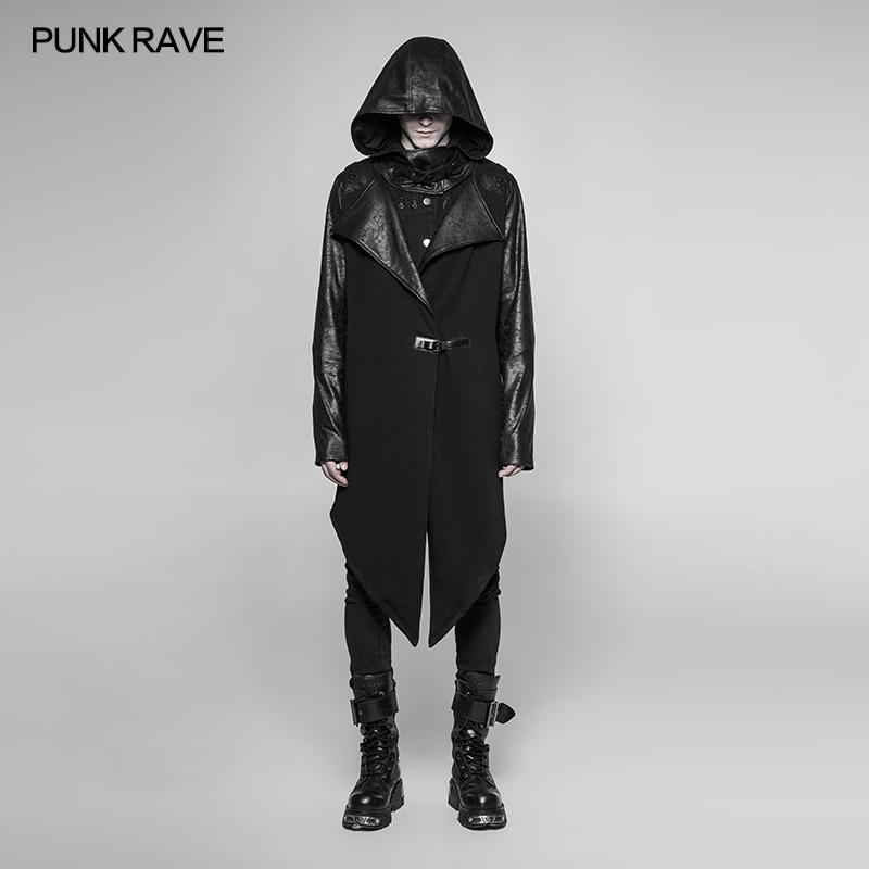 

PUNK RAVE Men Punk Medium Long Hooded Cardigan Fasual Streetwear Long Trench Coat Halloween Vampire Coat, Black