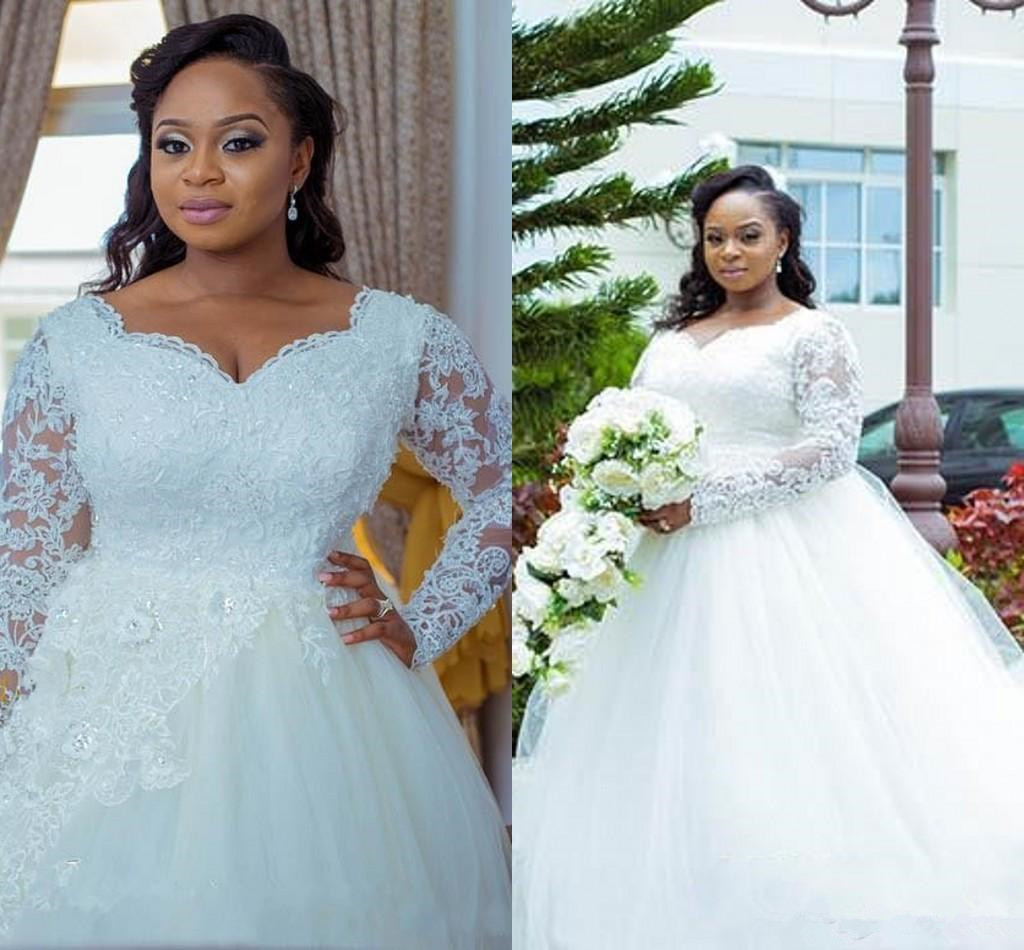 

2019 New Ball Gown Plus Size Wedding Dresses Long Sleeve Beaded Appliques Lace Tulle Luxury Bridal Gowns Custom Size Hot Sale 130, Silver