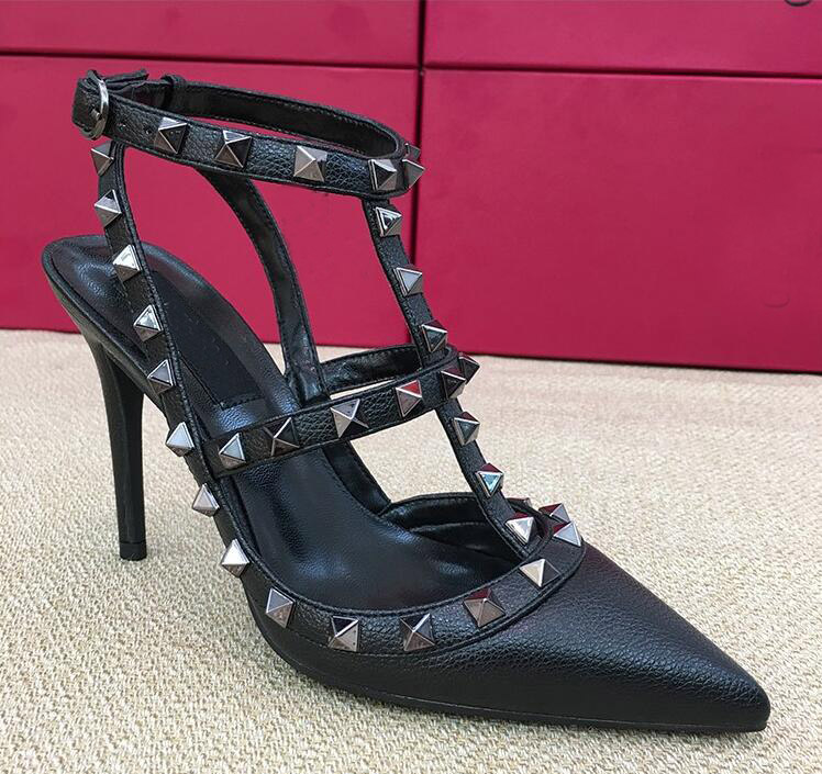 

Hot Sale-Design Rivets Pumps Sandals Leather Woman Shoes Thousands Of Colors Customized, Black