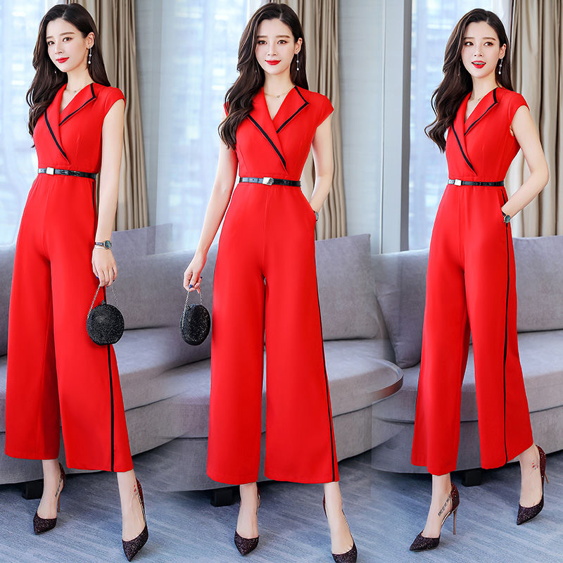 

2020 New Summer Women Wide Leg Pants Jumpsuits Female V Neck Workwear Overalls Solid Pocket Romper High Waist Playsuit S21, Red