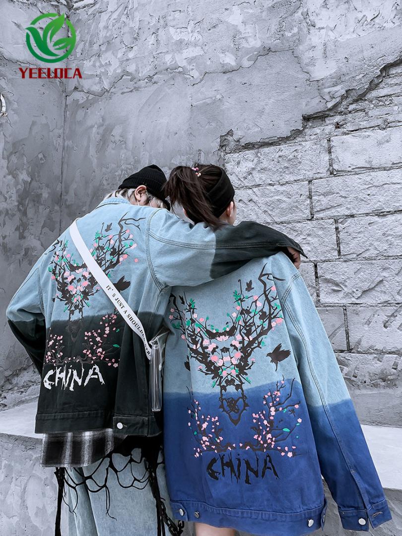 

2019 Autumn Elk Cherry Blossom Print Hip Hop Denim Jacket Coat Casual Couple Men Women Christmas Denim Shirt Cowboy, Black