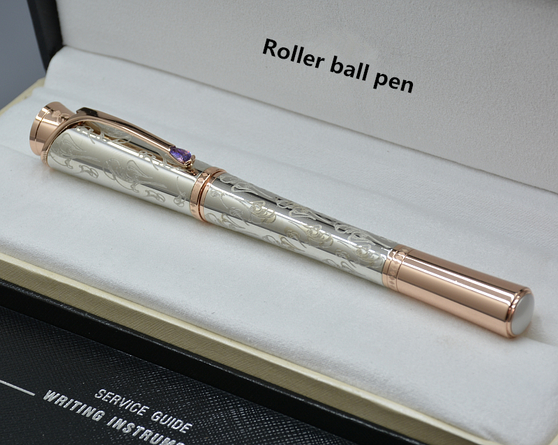

High quality Silver carving metal Roller ball pen with rose Gold Clip business office stationery Promotion Write ball pens Gift, Please choose