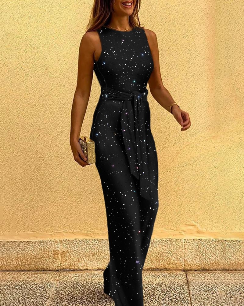 

Women' Jumpsuits & Rompers Glitter Round Neck Sleeveless Wide Leg Jumpsuit Sexy Backless Womens One Piece Overalls Clubwear, As pic
