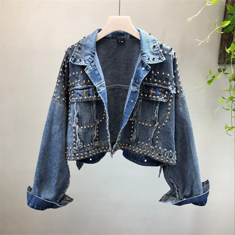 Fashion Short Denim Jacket Women Autumn New Harajuku Rivets Red Jean Jacket Basic Women Long Sleeve Coat Loose Ladies Overcoat