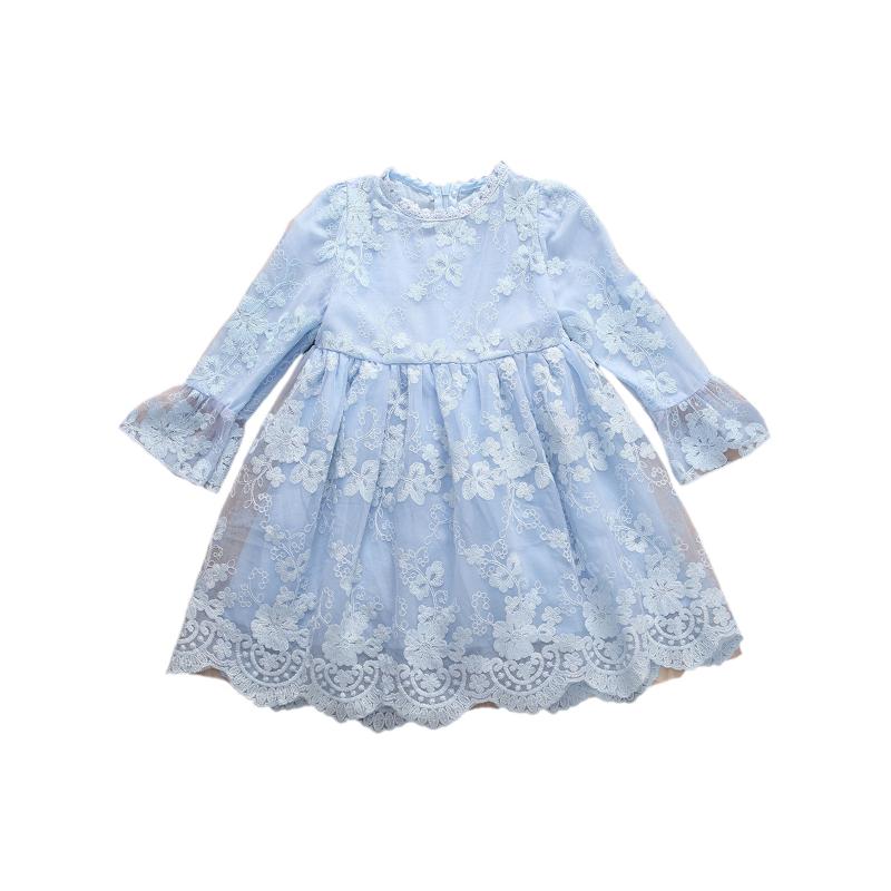 

Spring Autumn Girls Flower Embroidery Long Sleeve Dress Sweet Mesh Dress Children Princess Skirt Toddlers Breathable Clothes, Blue