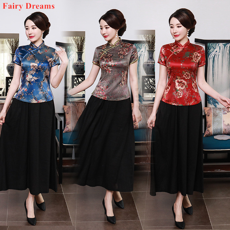 

Print Cheongsam Top And Black Skirt 2020 Spring Summer Short Qipao Plus Size Women's Costumes Suit Exotic Apparel Fairy Dreams