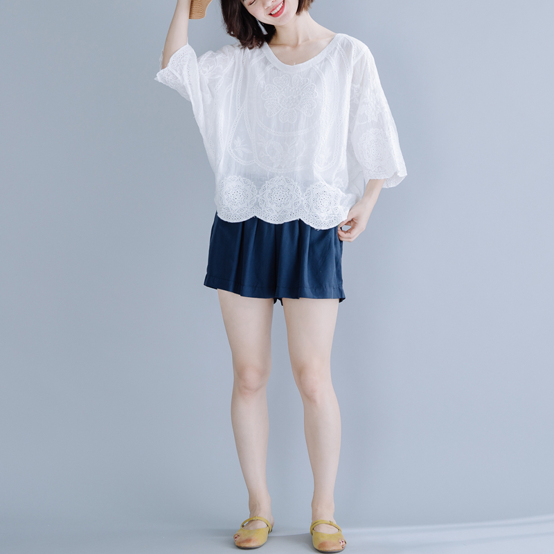 

Blouse Women Large Size Summer Loose Embroidered Slimming Batwing Sleeve Female Clothes Solid Color Casual Women Tops, Blue
