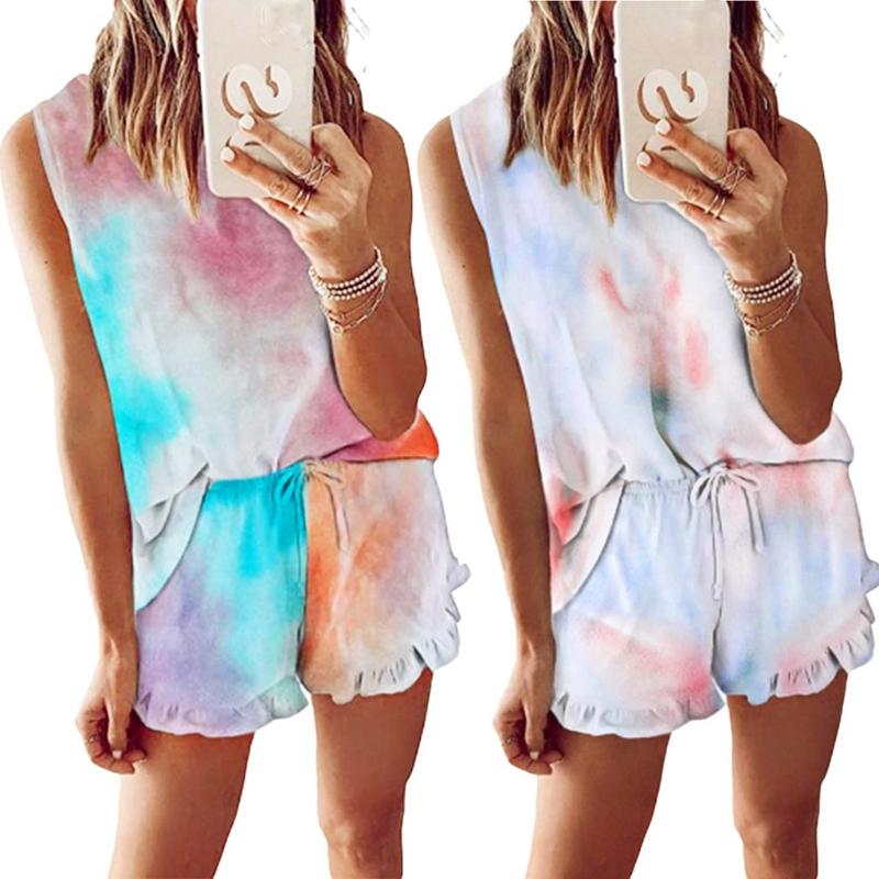 Été femmes cravate colorant imprimé pyjamas courts ensemble sans manches ensemble décontracté vêtements de nuit vêtements de nuit femmes vêtement