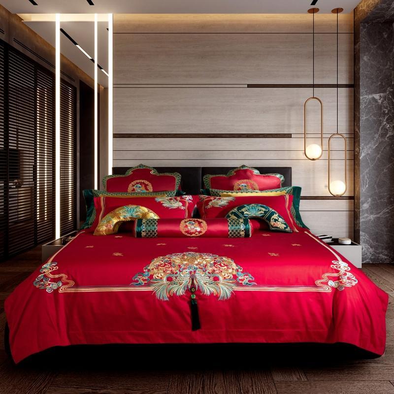 

43 Cotton Red Wedding Bedding sets Embroidery Queen King size 4/6/11Pcs Duvet cover Bed sheet Pillow shams, Bedding set 1