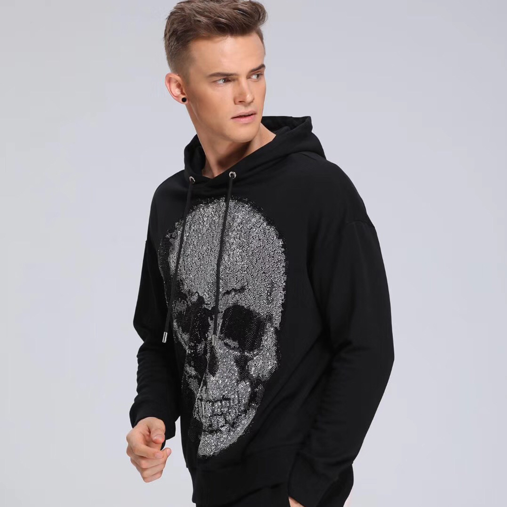 

19FW Crystal Big Skull Hoodies Fashion Sweatshirt Casual Men Women Pullover Couple Street Sweater TOP QUALITY, Black
