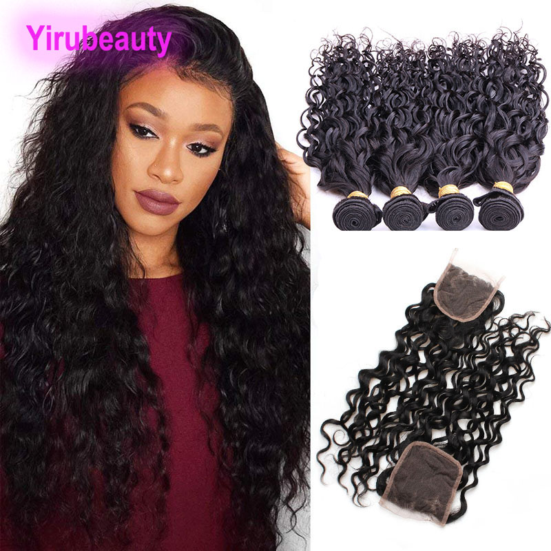 

Brazilian Water Wave 4 Bundles With 4X4 Lace Closure 5pcs/lot Wet And Wavy Virgin Human Hair Bundles With Closures Middle Free Three Part, Natural color