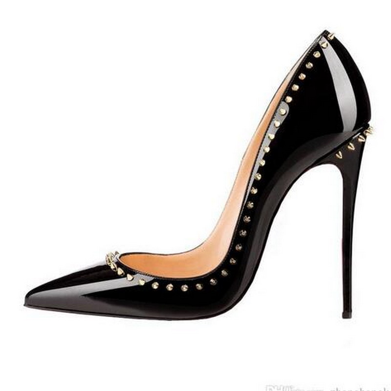 

Women's Sexy Fashion High Heels 12cm Rivets Shoes Red Bottom Thin Heels Fashion Pumps Shoes Black/Nude Shiny Patent Leather Dress Shoes