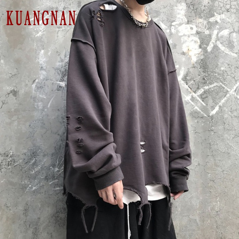 

KUANGNAN Retro Break Holes Sweatshirt Men Streetwear Hip Hop Harajuku Sweatshirts Men Clothing Sweatshirt XL 2019 Autumn New, Black